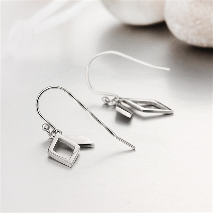 925 Sterling Silver Diamond Shaped Drop Hook Earrings