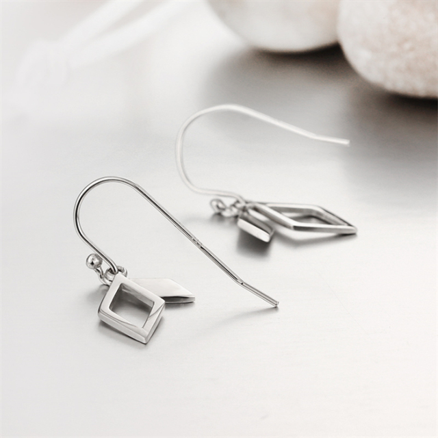 925 Sterling Silver Diamond Shaped Drop Hook Earrings