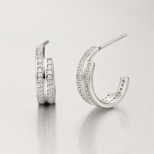 925 Sterling Silver Cubic Zirconia Semi-Circle Stud Earrings