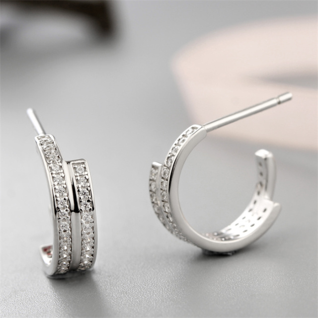 925 Sterling Silver Cubic Zirconia Semi-Circle Stud Earrings