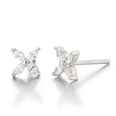 925 Sterling Silver CZ Stones Beautiful Flower Stud Earrings
