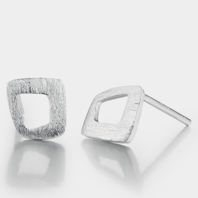925 Sterling Silver Brushed Hollow Square Stud Earrings