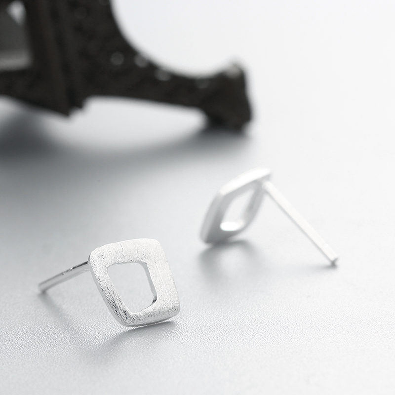 925 Sterling Silver Brushed Hollow Square Stud Earrings