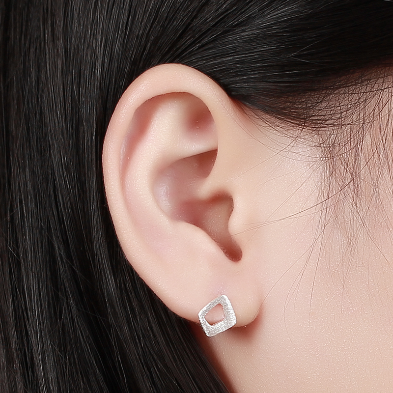 925 Sterling Silver Brushed Hollow Square Stud Earrings