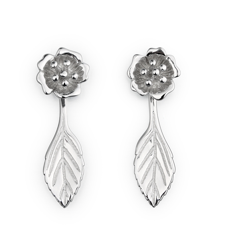 925 Sterling Silver Flower And Leaf Drop Earrings