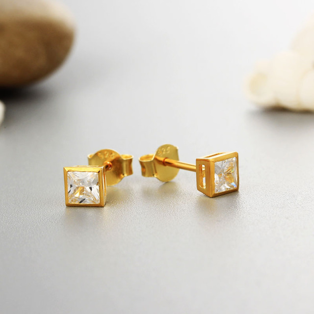 925 Sterling Silver CZ Stones Cube Stud Earrings
