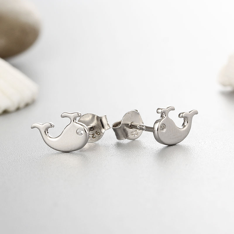 925 Sterling Silver Cute Whale Stud Earrings