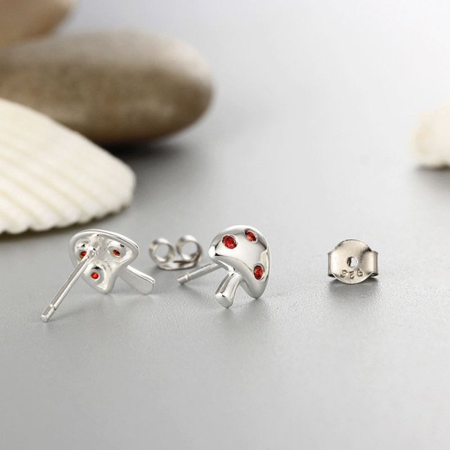 925 Sterling Silver  CZ Mushroom Stud Earrings