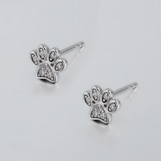 925 Sterling Silver Cubic Zirconia Dog Paw Stud Earrings