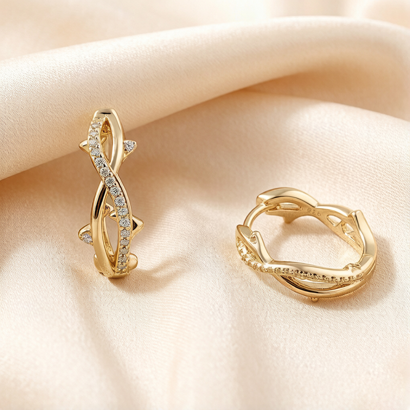925 Sterling Silver Twisted Intertwined CZ Paved Huggie Hoop Earrings