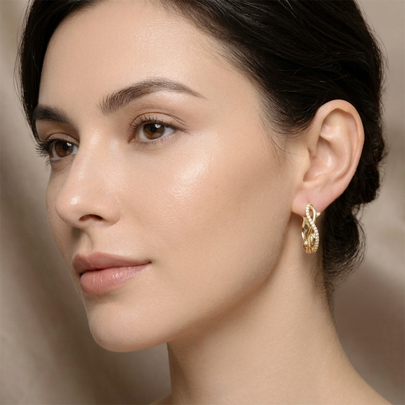 925 Sterling Silver Twisted Intertwined CZ Paved Huggie Hoop Earrings