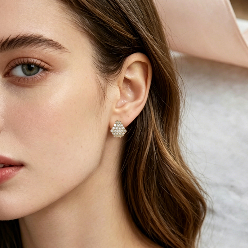 925 Sterling Silver Full Paved CZ Fan Shape Stud Earrings
