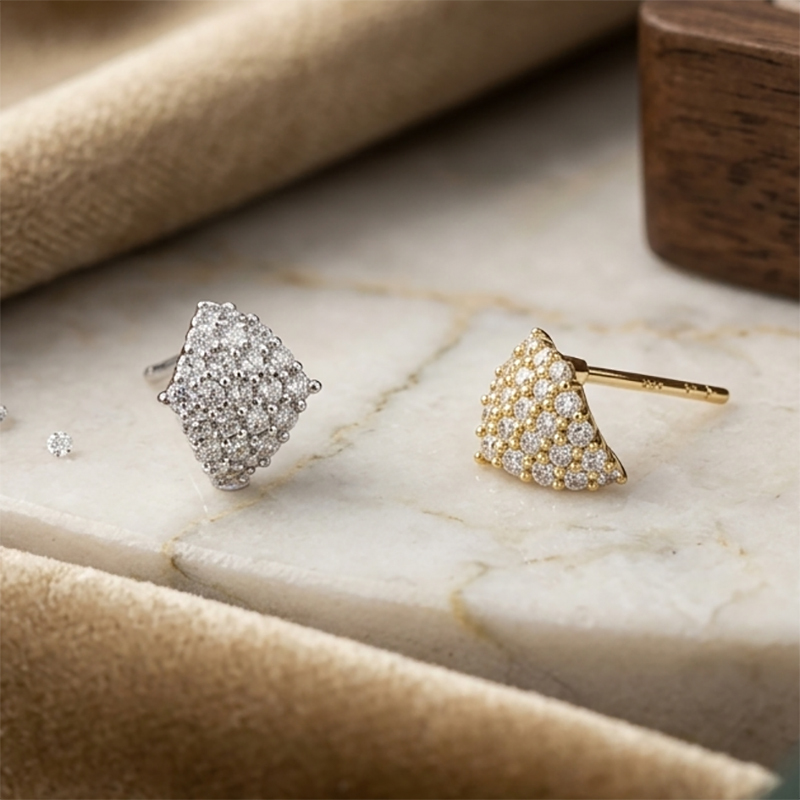 925 Sterling Silver Full Paved CZ Fan Shape Stud Earrings