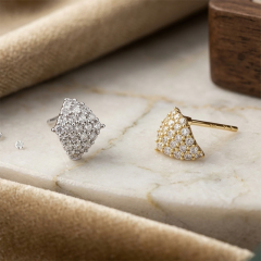 925 Sterling Silver Full Paved CZ Fan Shape Stud Earrings