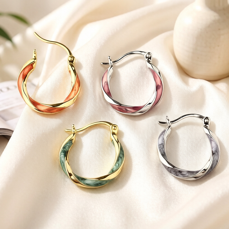 925 Sterling Silver Twisted Enamel Huggie Hoop Earrings