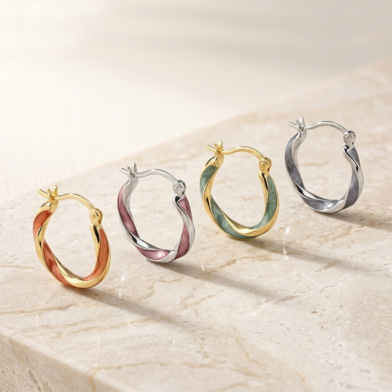 925 Sterling Silver Twisted Enamel Huggie Hoop Earrings