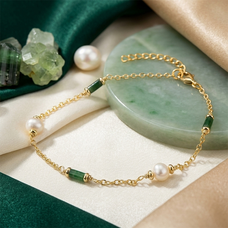925 Sterling Silver Pearl and Green Agate Bracelet