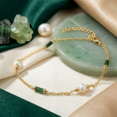 925 Sterling Silver Pearl and Green Agate Bracelet
