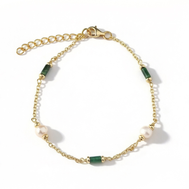 925 Sterling Silver Pearl and Green Agate Bracelet