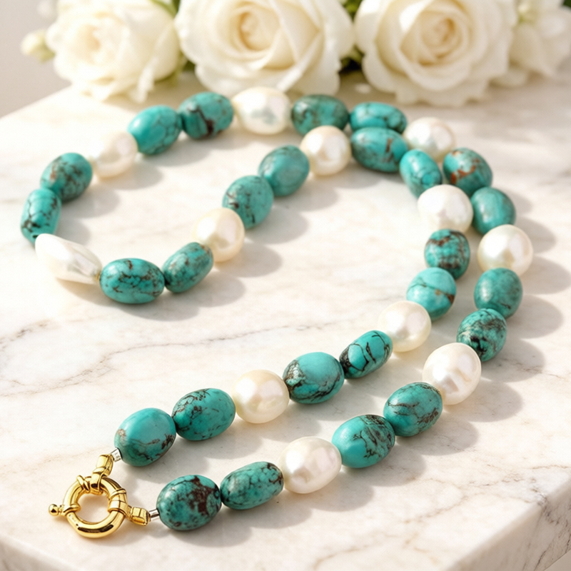 925 Sterling Silver Turquoise and Pearl Necklace