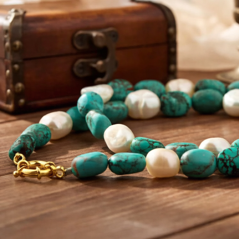 925 Sterling Silver Turquoise and Pearl Necklace