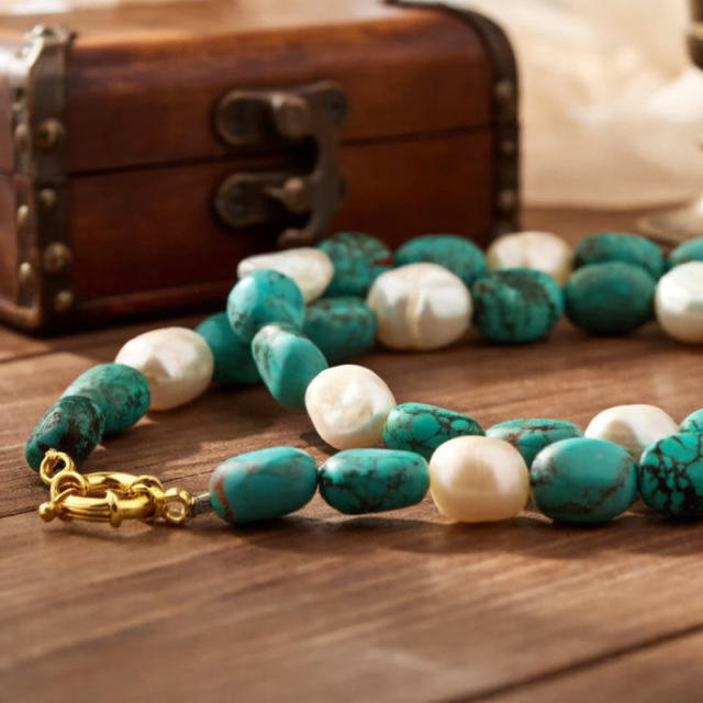 925 Sterling Silver Turquoise and Pearl Necklace