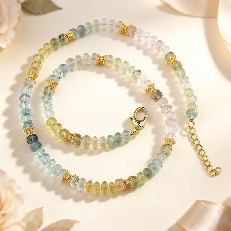925 Sterling Silver Colorful Aquamarine Beaded Necklace