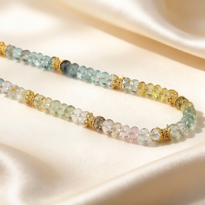 925 Sterling Silver Colorful Aquamarine Beaded Necklace