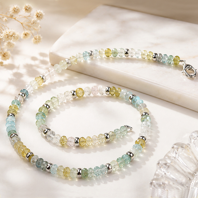 925 Sterling Silver Colorful Aquamarine Beaded Necklace