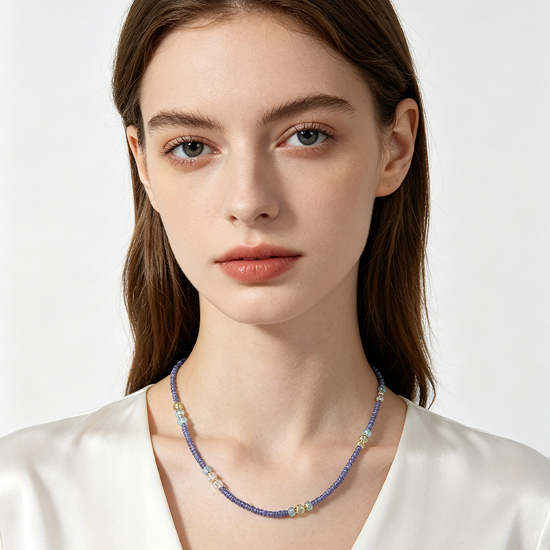 925 Sterling Silver Tanzanite Beadded Necklace