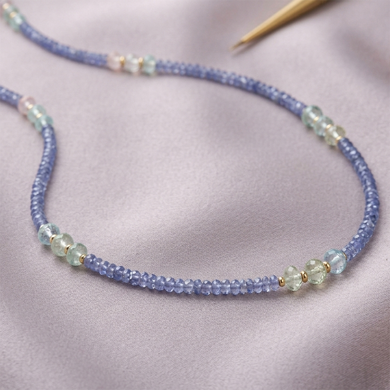 925 Sterling Silver Tanzanite Beadded Necklace