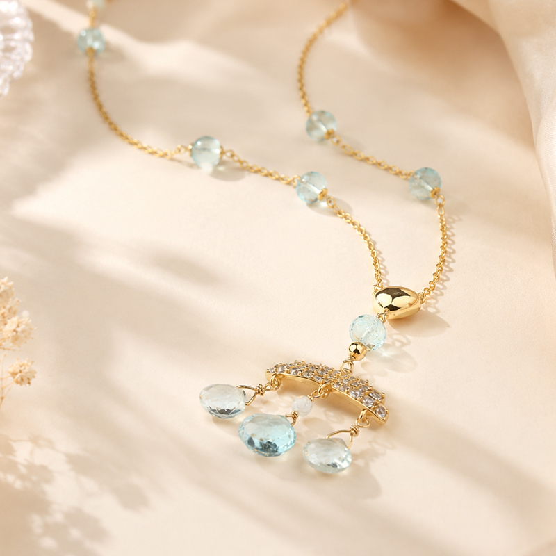925 Sterling Silver Aquamarine Tassel Drop Necklace