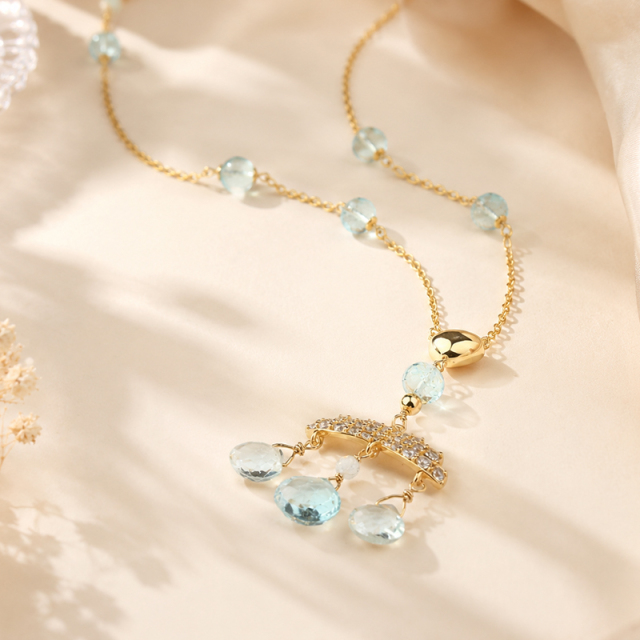 925 Sterling Silver Aquamarine Tassel Drop Necklace