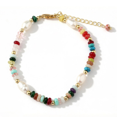 Mixed Color Natural Stone Freshwater Pearl Beaded Adjustable Bracelet