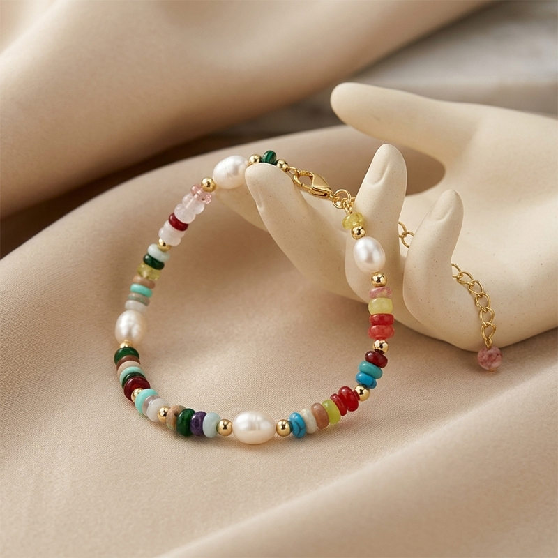 Mixed Color Natural Stone Freshwater Pearl Beaded Adjustable Bracelet