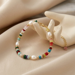 Mixed Color Natural Stone Freshwater Pearl Beaded Adjustable Bracelet