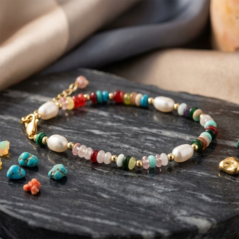 Mixed Color Natural Stone Freshwater Pearl Beaded Adjustable Bracelet