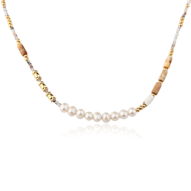 Natural Sunstone Freshwater Pearl Gold Beaded Adjustable Necklace