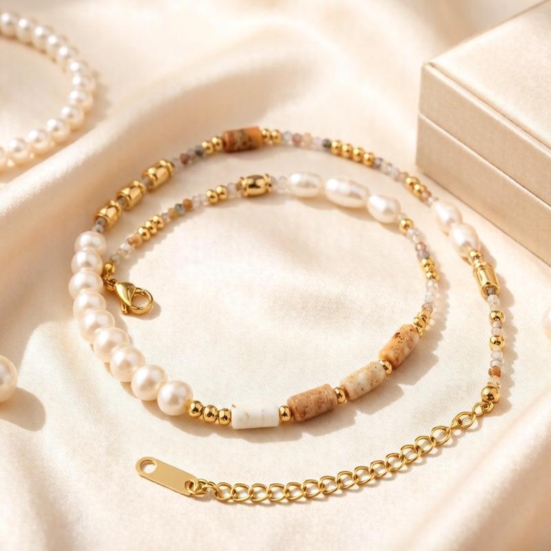 Natural Sunstone Freshwater Pearl Gold Beaded Adjustable Necklace