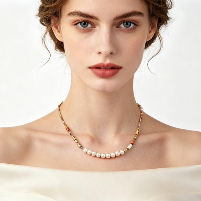 Natural Sunstone Freshwater Pearl Gold Beaded Adjustable Necklace