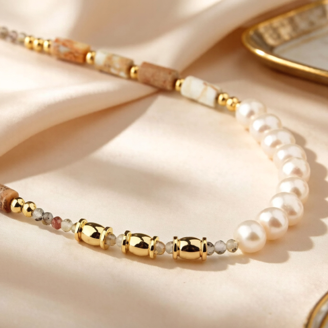 Natural Sunstone Freshwater Pearl Gold Beaded Adjustable Necklace