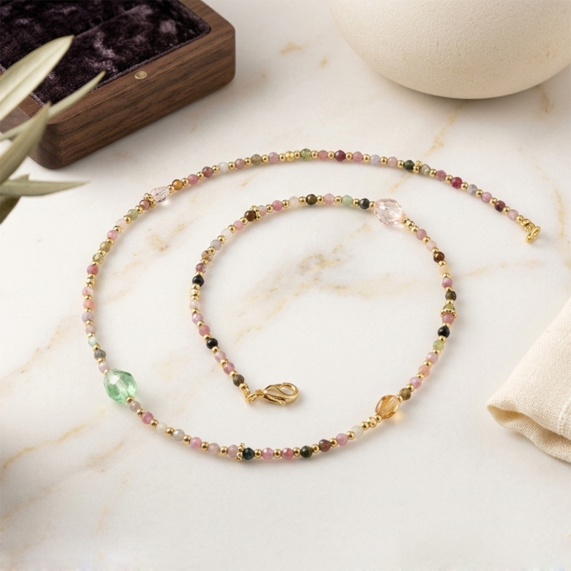 Natural Multi Color Tourmaline Beaded Necklace