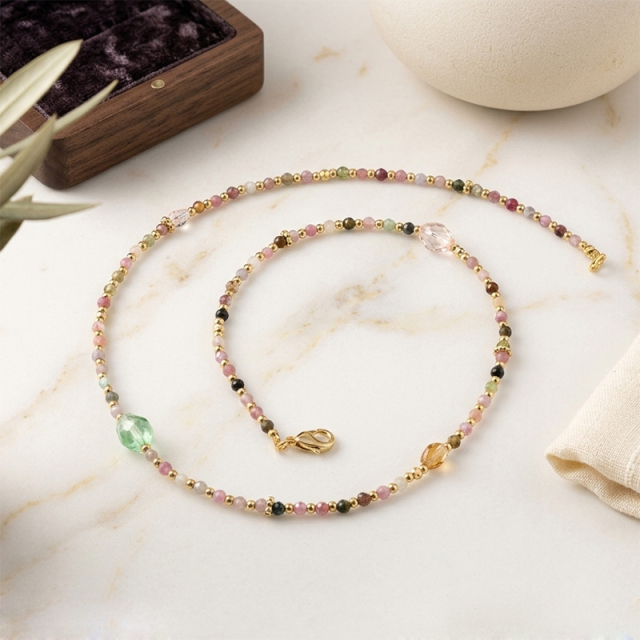 Natural Multi Color Tourmaline Beaded Necklace