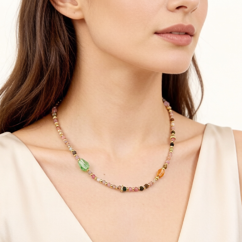 Natural Multi Color Tourmaline Beaded Necklace