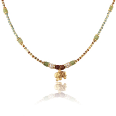 Mixed Natural Stone Gold Elephant Pendant Beaded Necklace
