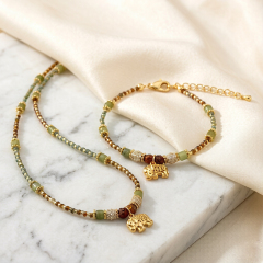 Mixed Natural Stone Gold Elephant Pendant Beaded Necklace