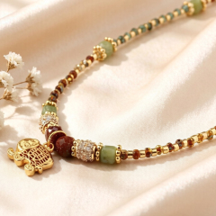 Mixed Natural Stone Gold Elephant Pendant Beaded Necklace