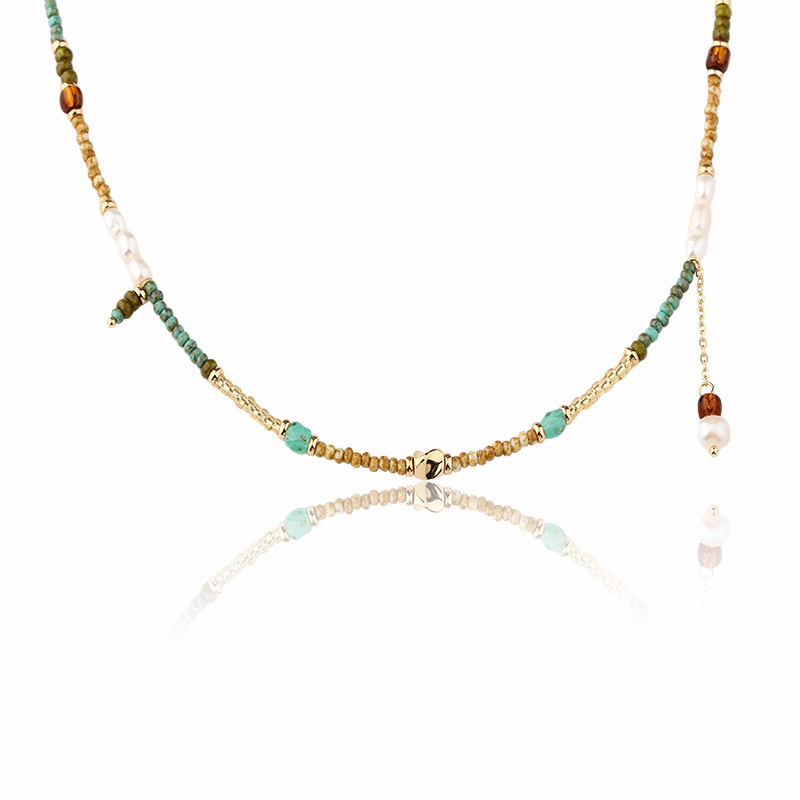 Mixed Turquoise Amber Pearl Gold Beaded Adjustable Necklace