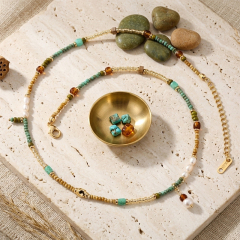 Mixed Turquoise Amber Pearl Gold Beaded Adjustable Necklace