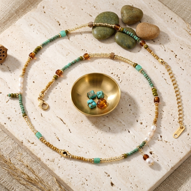 Mixed Turquoise Amber Pearl Gold Beaded Adjustable Necklace